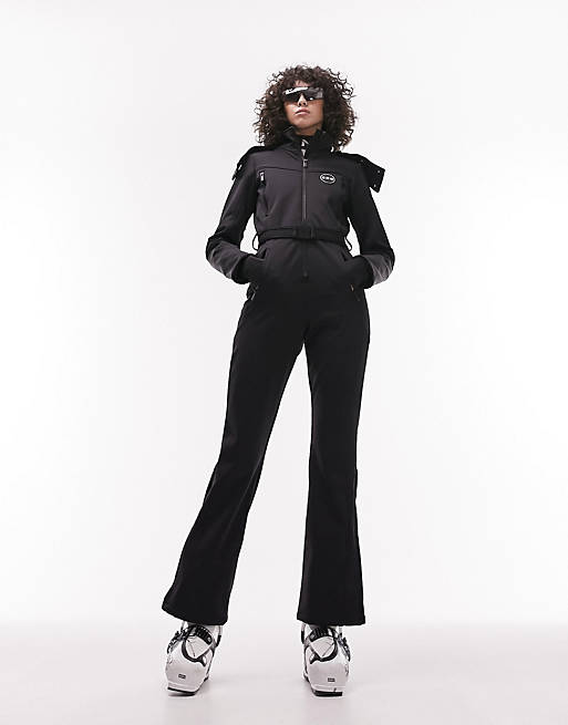Topshop Tall Sno ski suit with fur hood & belt in black | ASOS