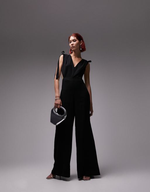 Topshop Tall - Sort jumpsuit med dyb V-hals og bindestropper, 4 af 4