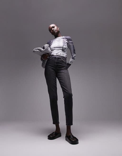 Topshop Tall - Sorte forvaskede mom-jeans