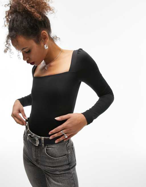 Long Sleeve Square Neck Bodysuit for Tall Women in Black