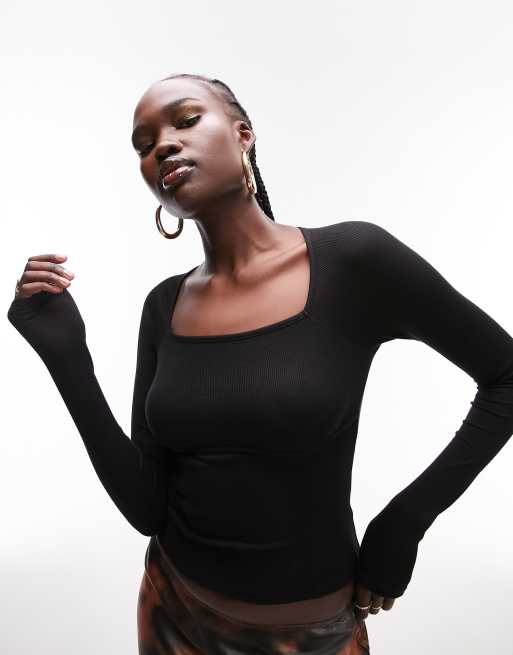 Topshop Tall square neck long sleeve top in black | ASOS