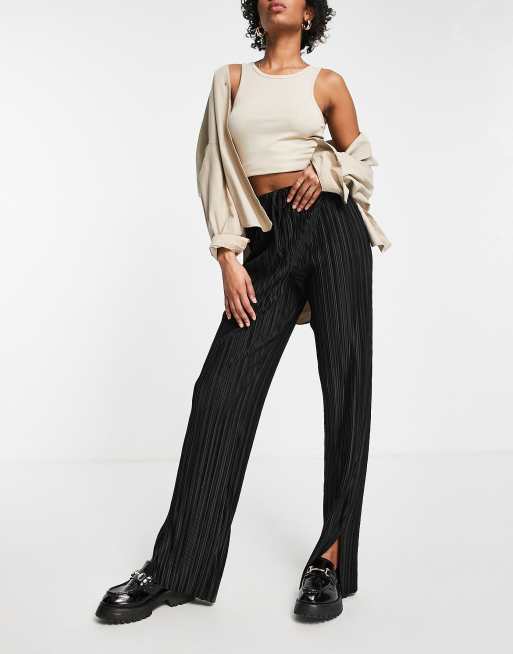 Topshop Tall straight leg plisse pants with slit hems in black