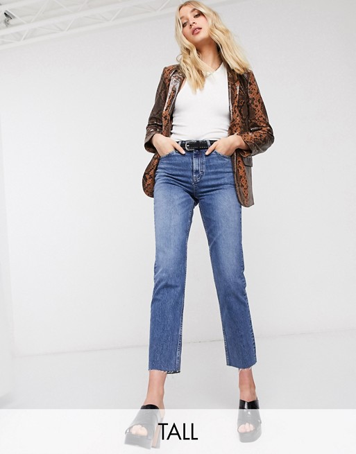 Topshop Tall straight jeans with raw hem in mid blue