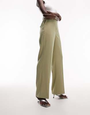 Topshop Tall Straight Slouch Pants With Back Pocket Detail In Sage - Part Of A Set-no Color