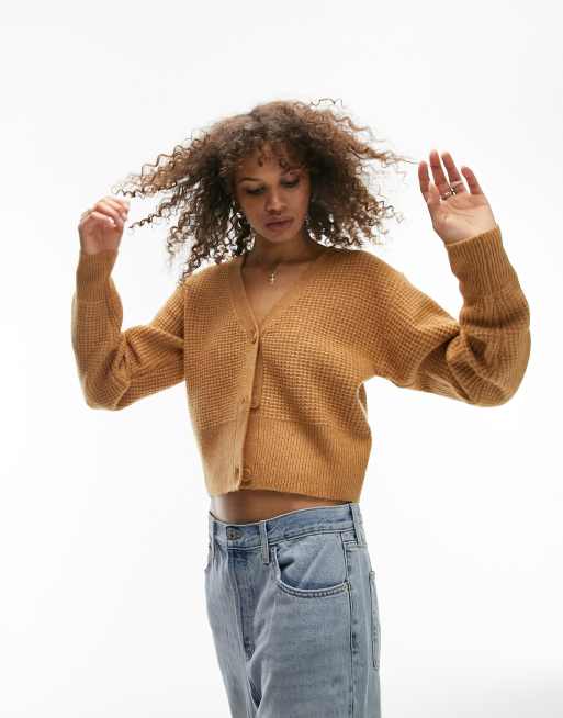 Topshop Tall – Strickjacke mit kurzem Schnitt und Struktur in Kamelbraun