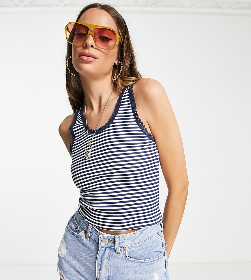 Topshop Tall stripe lace tank top in navy