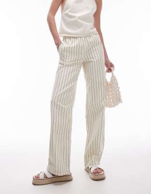 Topshop Tall Stripe Pull On Straight Leg Pants In Ecru-white