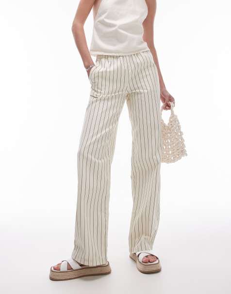 Topshop Tall stripe pull on straight leg trouser in ecru - view 1