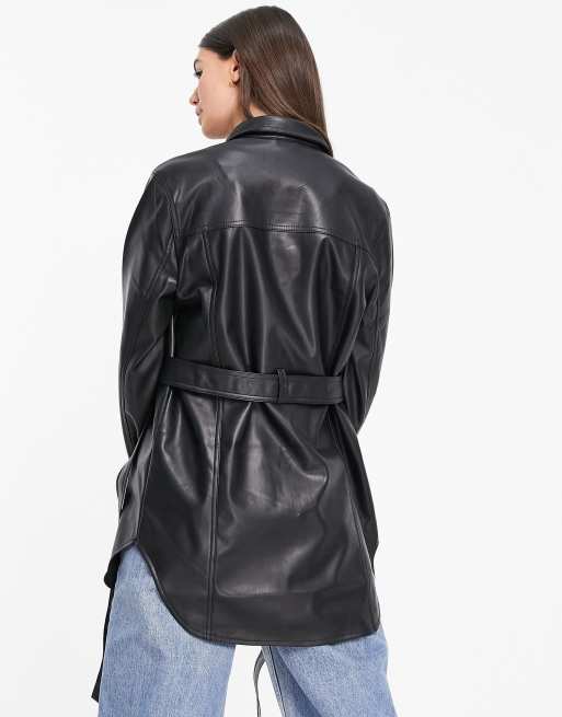 Topshop Tall – Svart, långärmad skjorta i läderimitation med skärp, 2 av 4