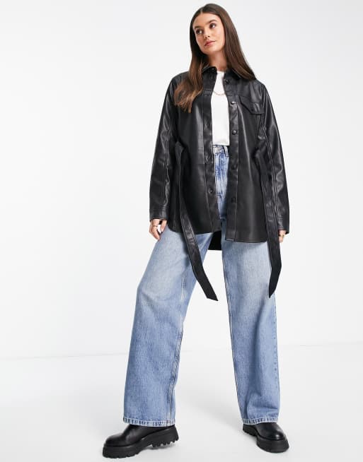 Topshop Tall – Svart, långärmad skjorta i läderimitation med skärp, 4 av 4