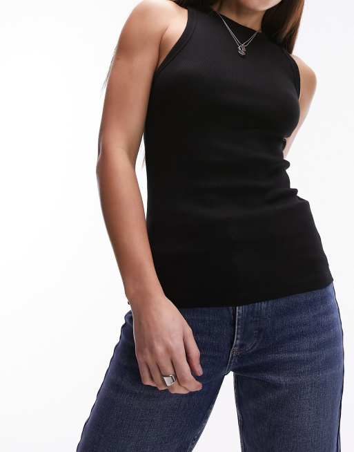 Topshop Tall – Svart, ribbat linne med smal passform