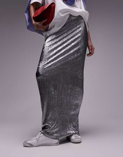 Topshop Tall textured maxi skirt in metallic silver