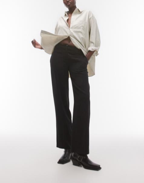 Topshop Tall – Tief sitzende Leinenhose in Schwarz mit Knopfleiste - view 1