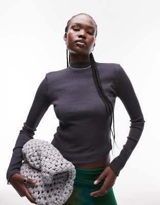 Topshop Tall long sleeve funnel neck top in slate - ASOS Price Checker
