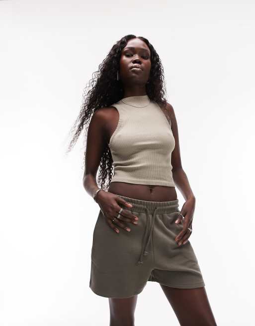 Topshop Tall trackie shorts in khaki ASOS