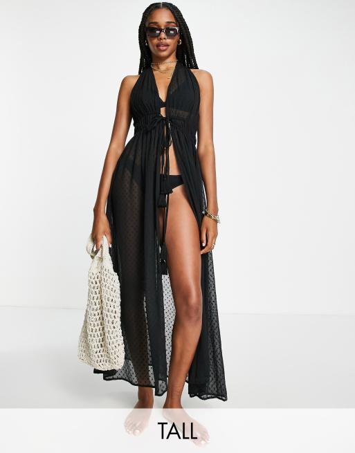 Topshop Tall – Transparenter Maxi-Strandüberwurf in Schwarz mit Häkelbesatz und Punktemuster