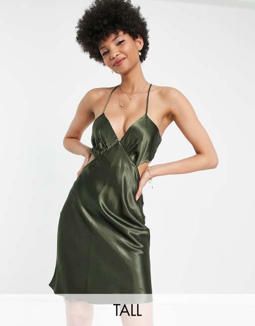 Topshop Tall – Turkusowa satynowa sukienka mini z dekoltem halter i wycięciem