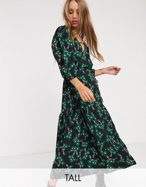 Topshop Tall twist front midi dress in green floral