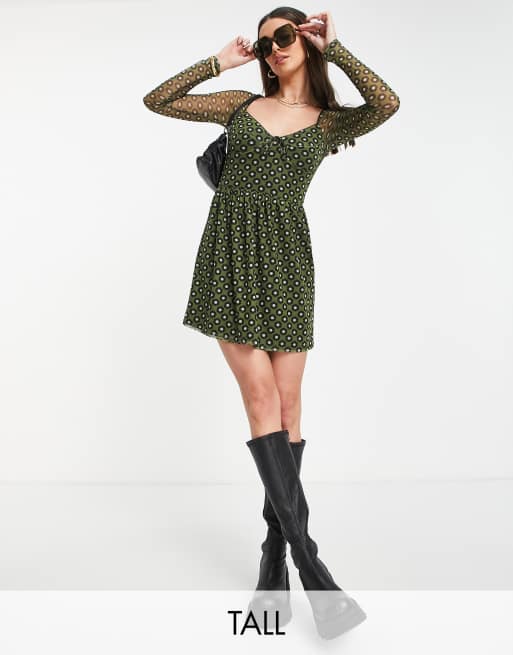 Topshop Tall - Vestito corto in rete a fiori verde kaki