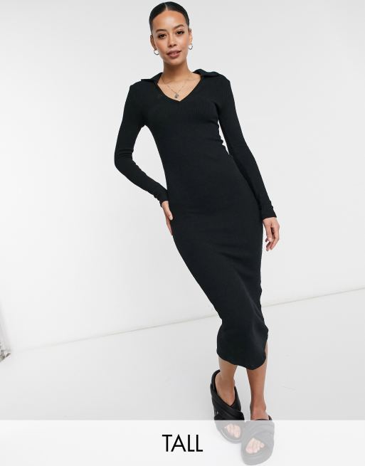 Topshop Tall - Vestito midi con colletto, colore nero