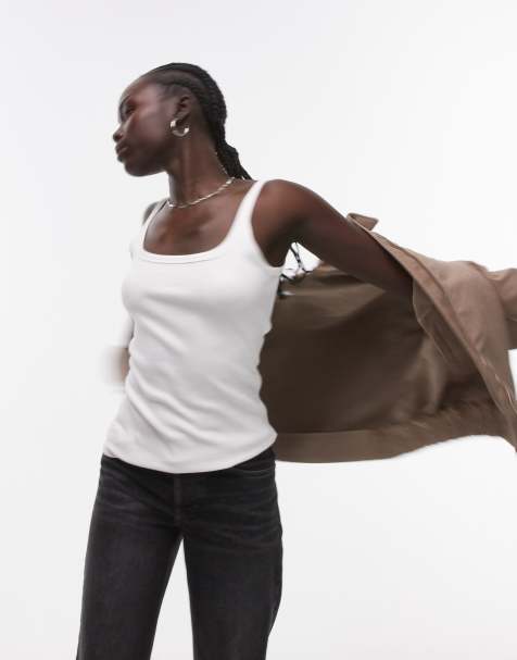 Topshop Tall – Vitt, ribbat linne med djup ringning och smala axelband - view 1