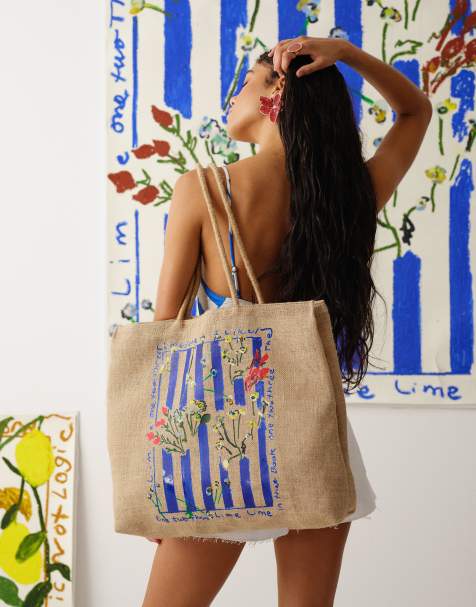 Topshop Tallie graphic tote bag in blue stripe - view 1