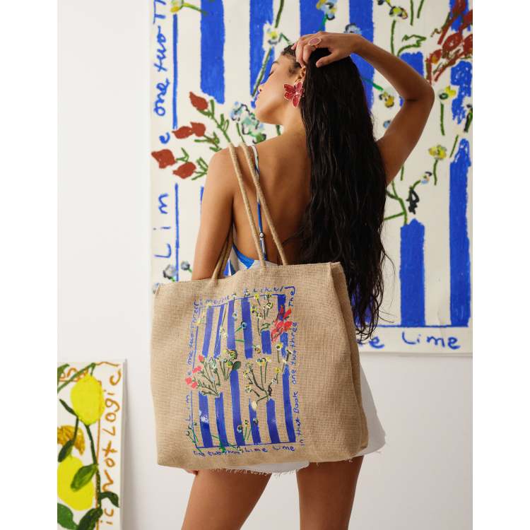 Topshop Tallie graphic tote bag in blue stripe ASOS - Main Image