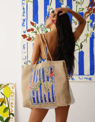 Topshop - Tallie - Tragetasche mit blauer Streifengrafik-Bunt
