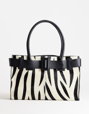 Topshop Tammy Hair On Real Leather Belt Detail Large Tote Bag In Zebra Print-black