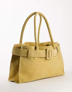 Model wearing Tammy large real suede belt detail tote bag in buttermilk
