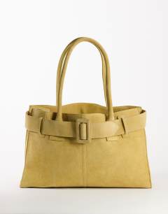 Model wearing Tammy real suede belt detail tote bag in buttermilk