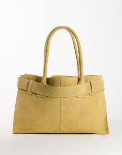 Model wearing Tammy real suede belt detail tote bag in buttermilk