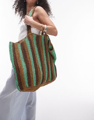 Topshop Tana Oversized Woven Straw Tote Bag In Green Stripe-multi