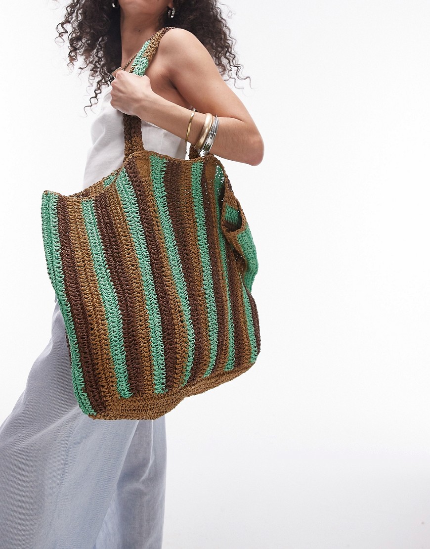 Topshop Tana oversized woven straw tote bag in green stripe-Multi
