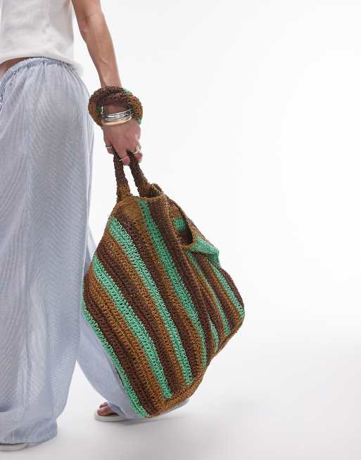 Topshop Tana oversized woven straw tote bag in green stripe, 3 of 4