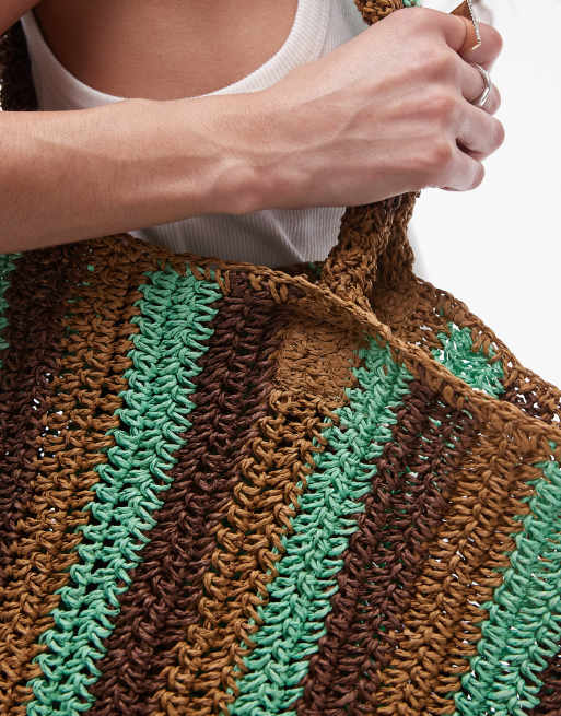 Topshop Tana oversized woven straw tote bag in green stripe, 4 of 4