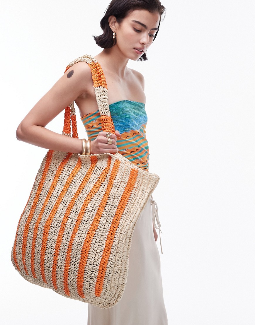 Topshop Tana oversized woven straw tote bag in orange stripe-Multi