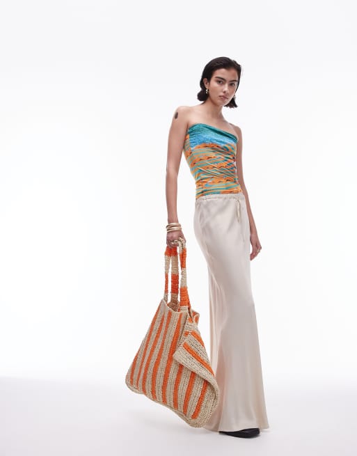 Topshop Tana oversized woven straw tote bag in orange stripe, 4 of 4