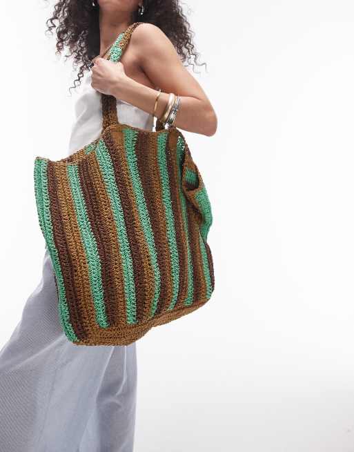 Topshop – Tana – Zielona torba typu tote oversize z plecionej słomy w paski