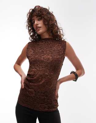 Topshop - Tanktop aus Spitze in Braun
