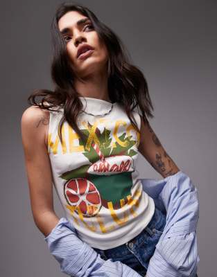 Topshop - Tanktop in Ecru mit „Mexico Tulum"-Print-Weiß