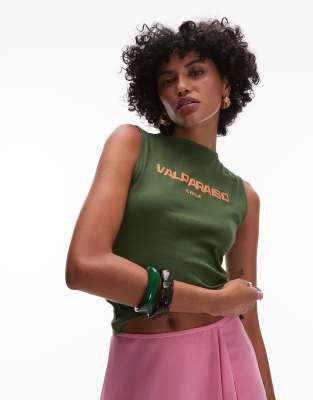 Topshop - Tanktop in Grün mit „Valparaiso"-Grafikprint