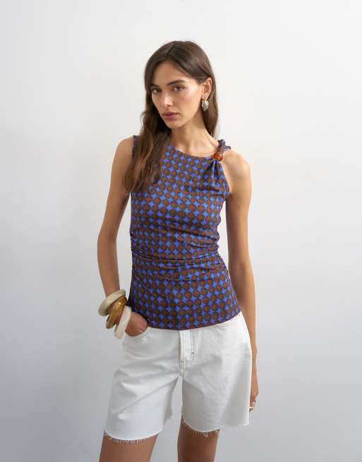 Topshop tanktop med geometrisk print og perler i blå, 2 af 4