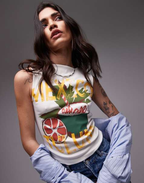 Topshop - Tanktop met grafische print in ecru - view 1