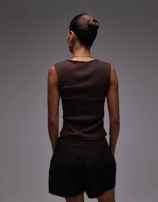 Topshop - Tanktop van kreukelstof met knoopsluiting in chocoladebruin, 4 van 4