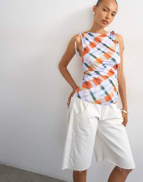 Topshop - Tanktop van microvezel met gerimpelde schouders en vervaagde ruitprint in lila - view 1