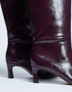 Model wearing Tanya point toe knee high boot in burgundy