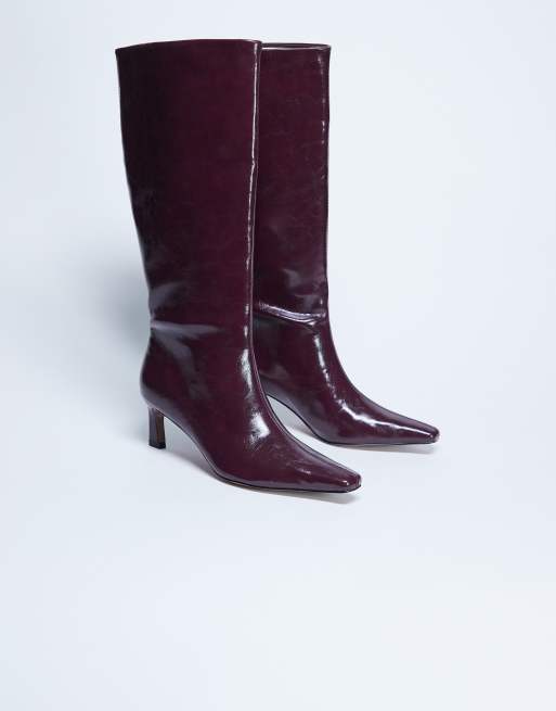 Topshop Tanya point toe knee high boot in burgundy, 3 of 4
