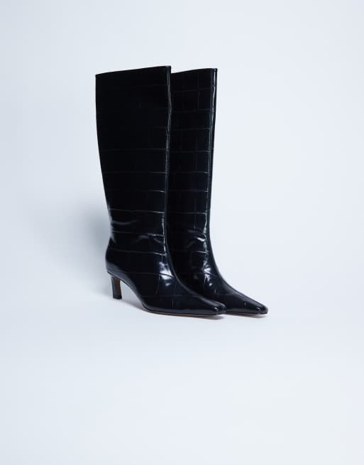 Topshop Tanya point toe knee high boots in black croc