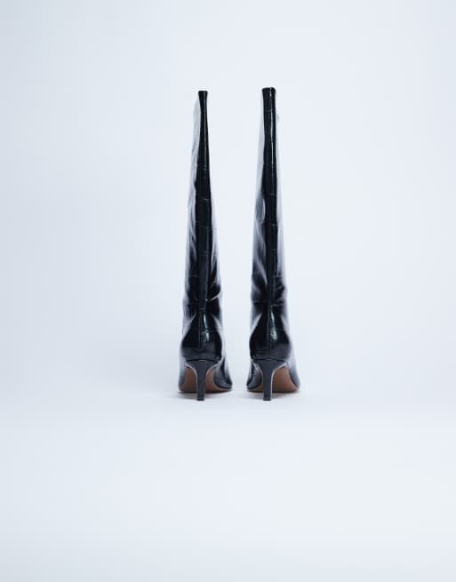 Topshop Tanya point toe knee-high boots in black croc, 3 of 4